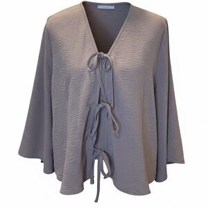 New Adrianna Papell V-Neck Bell Sleeve Top with Front Ties, Taupe, Size S